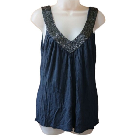 Matty M Navy Blue Sparkly Beaded Tank Top Medium Vintage Y2K Party Glam Look - Picture 1 of 14